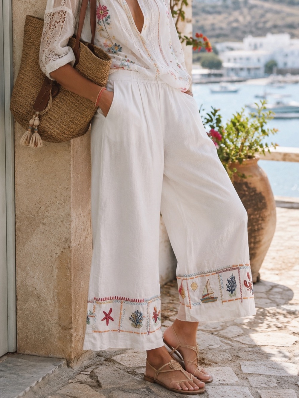 ⛵️ Johnny Was | Linen | Embroidered Coastal Nautical Crop Pants | S